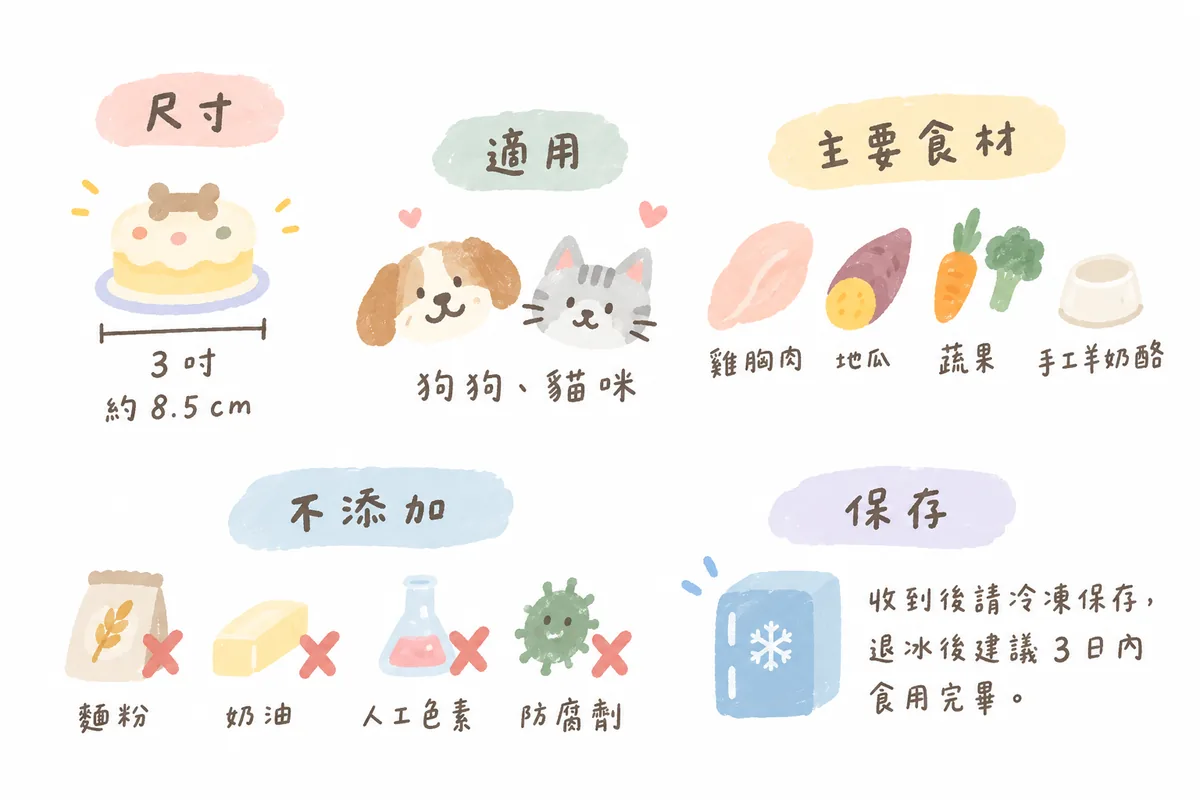 蛋糕資訊：尺寸 3 吋約 8.5 cm；適用狗狗、貓咪；主要食材雞胸肉、地瓜、蔬果、手工羊奶酪；不添加麵粉、奶油、人工色素、防腐劑；收到後請冷凍保存，退冰後建議 3 日內食用完畢