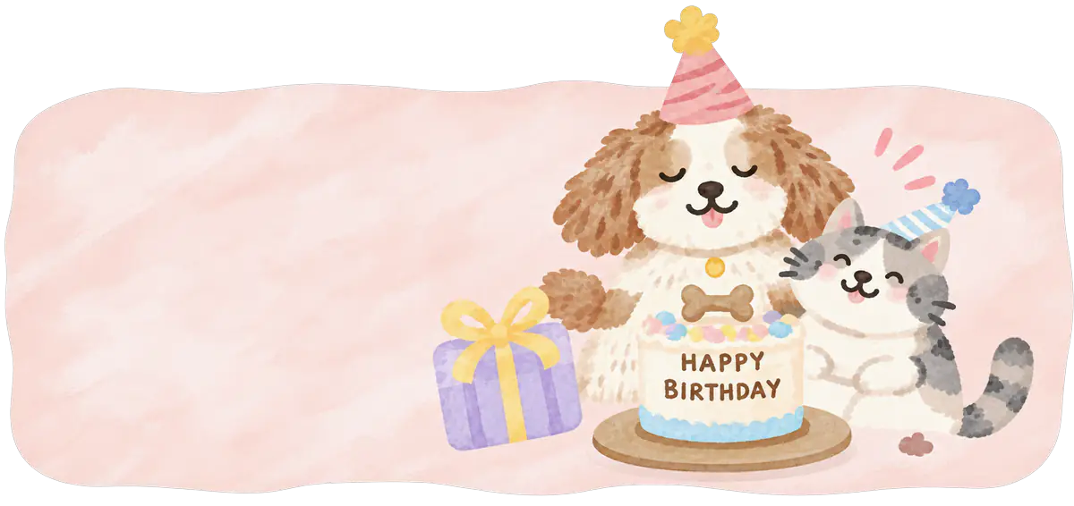 戴著派對帽的狗狗與貓咪,面前是寵物生日蛋糕和禮物