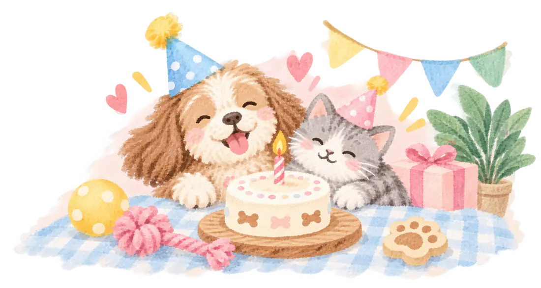 戴著派對帽的狗狗與貓咪，面前是一個寵物生日蛋糕