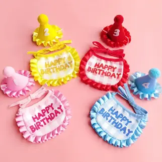 糖果格子生日領巾組 • 生日圍兜三角巾帽子